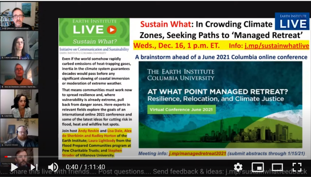 Screenshot of webinar page, featuring six panelists and the title 'Sustain What: In Crowding Climate Zones, Seeking Paths to 'Managed Retreat'